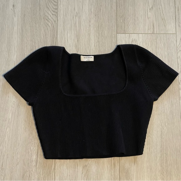 Aritzia Babaton Sculpt Knit Squareneck Top - Black Ribbed Short Sleeve Shirt - Picture 9 of 10